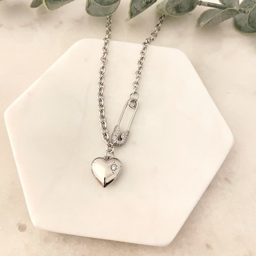 925 Sterling Silver Heart Pendant Necklace Heart Paperclip Safety Pin Necklace